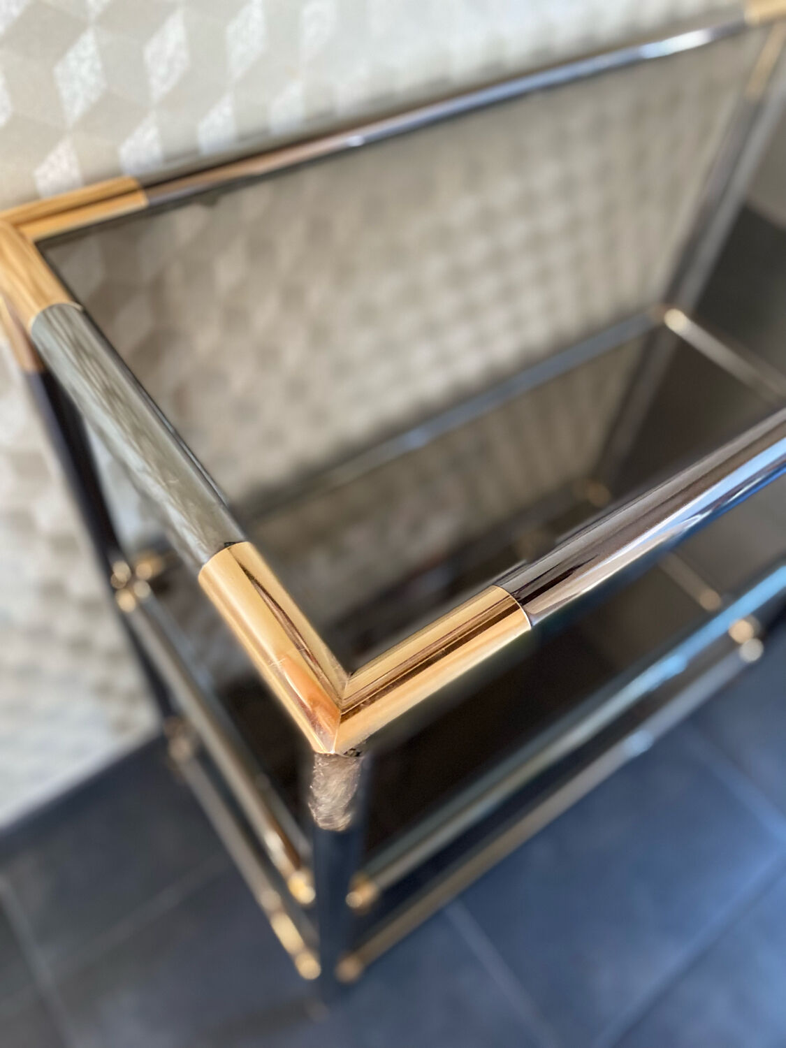 Console shelf smoked glass aluminum and brass