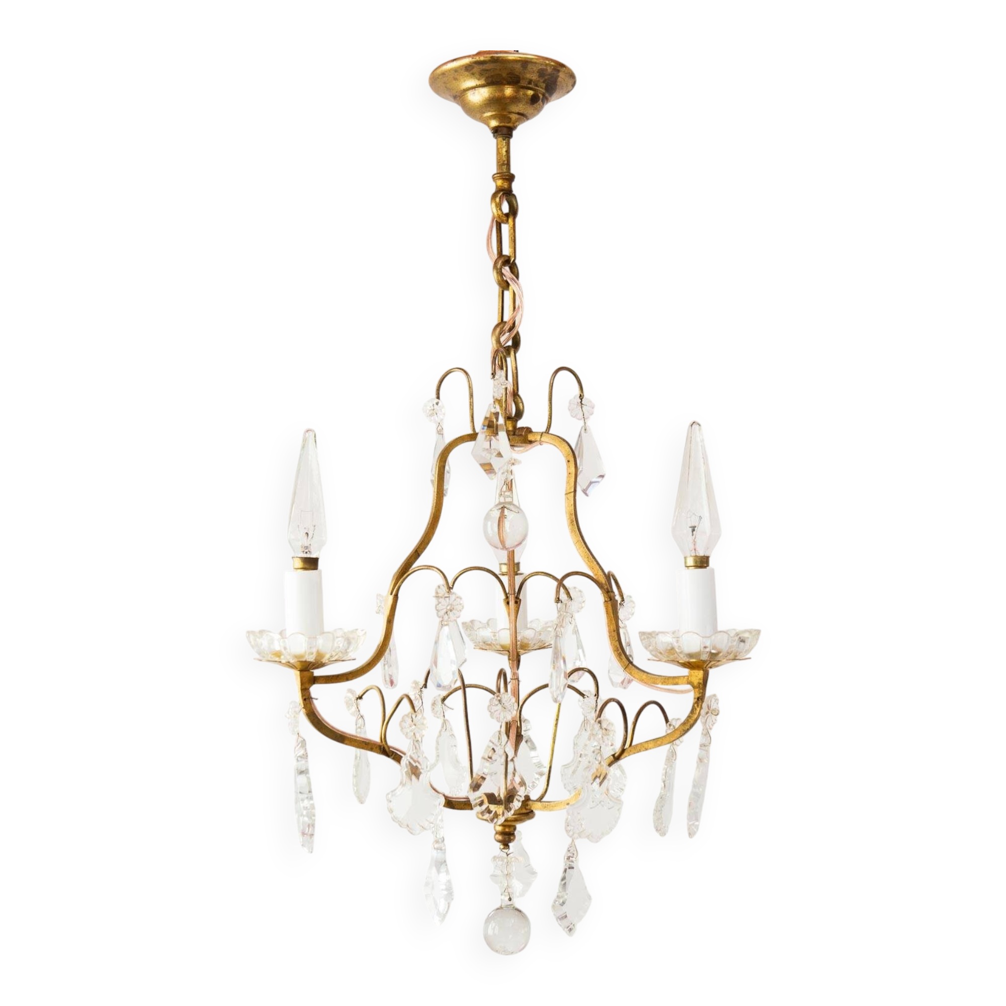 Lustre français en laiton doré 3 bras avec pampilles cristal