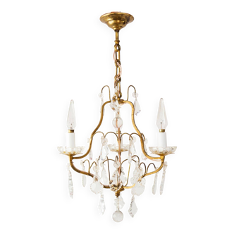 French 3-arm gilded brass chandelier with crystal tassels