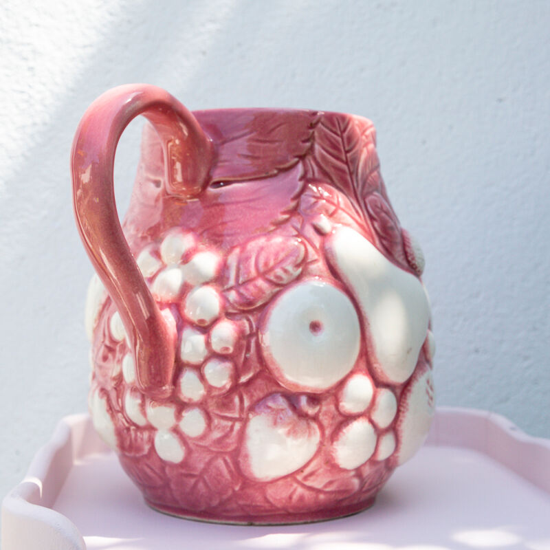 pitcher decanter slurry pink and white fruit decoration