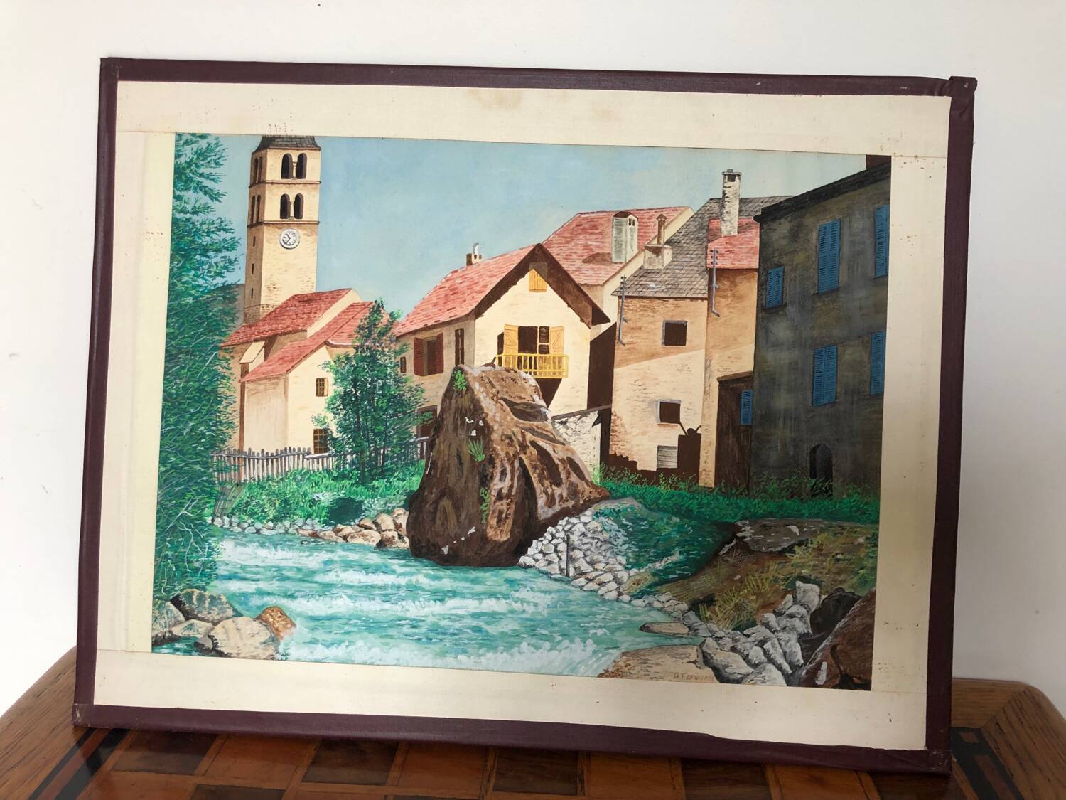 Framed drawing painting mountain village