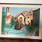 Framed drawing painting mountain village
