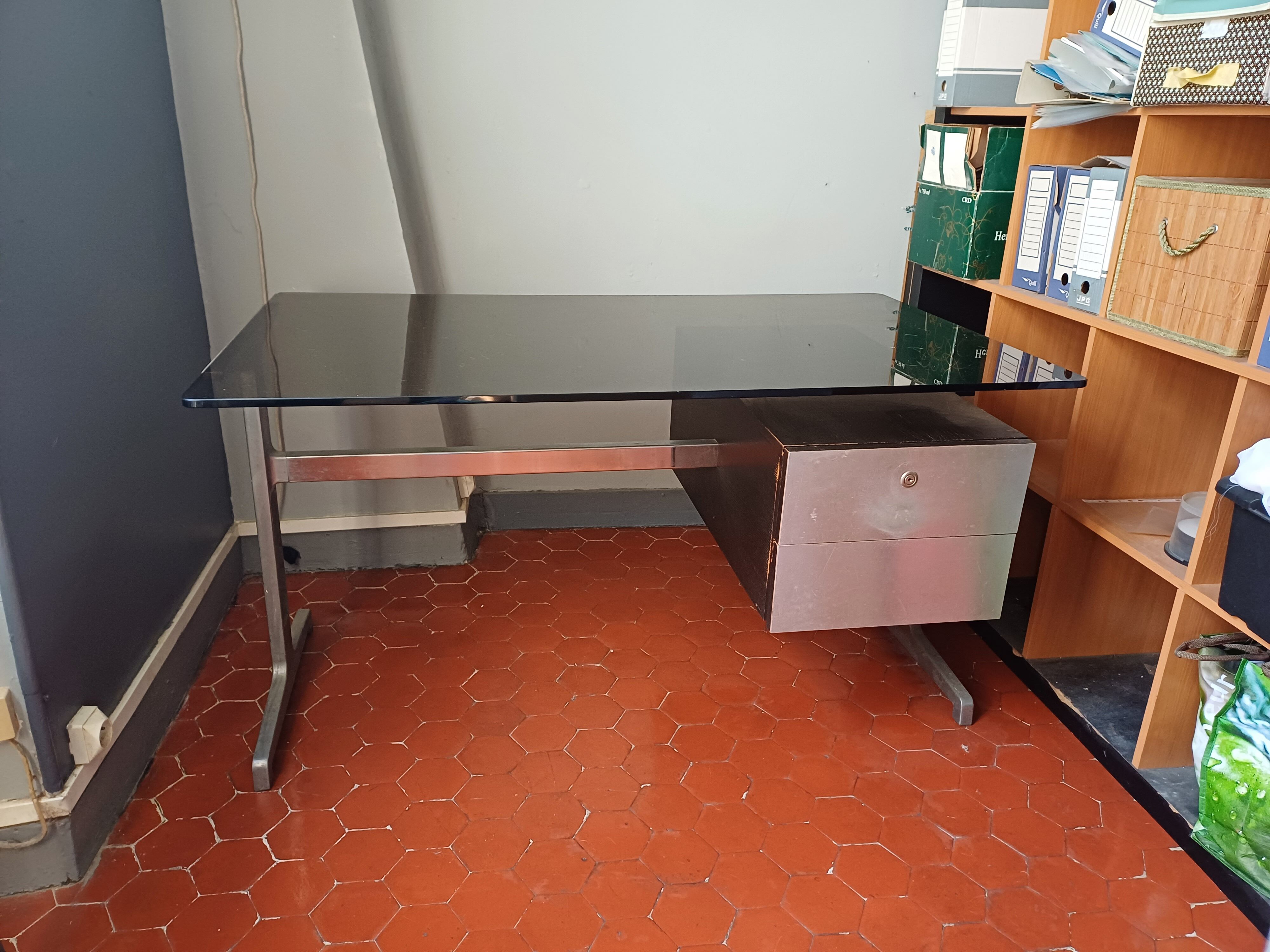 Bureau design vintage plateau verre style etienne fermigier 1970