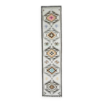 Vintage Turkish Oushak Handmade Wool Cotton White Runner Rug 81x363