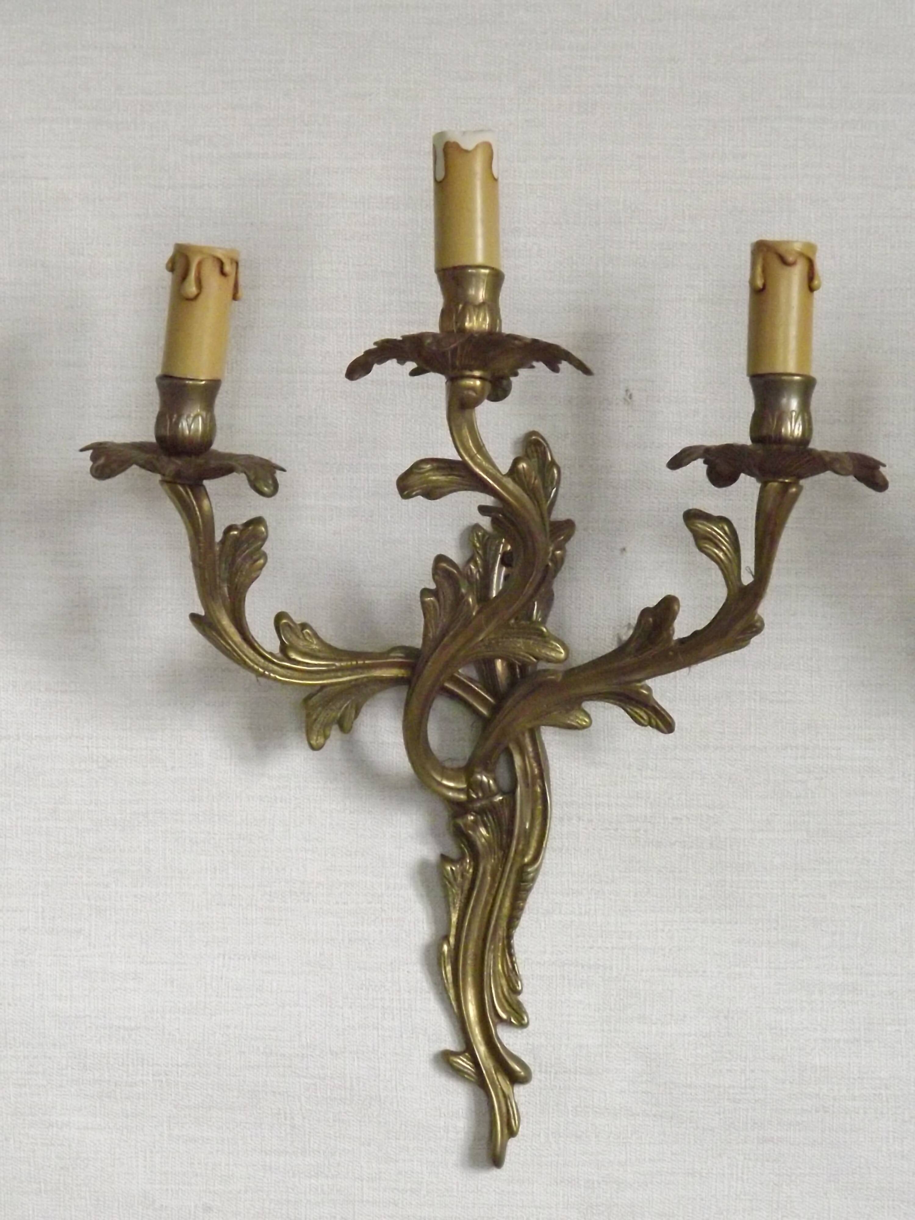 Magnificent Pair of French Antique Bronze Three-Light Acanthus Wall Sconces