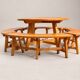 Round table in solid pine and its 4 curved benches – Vintage