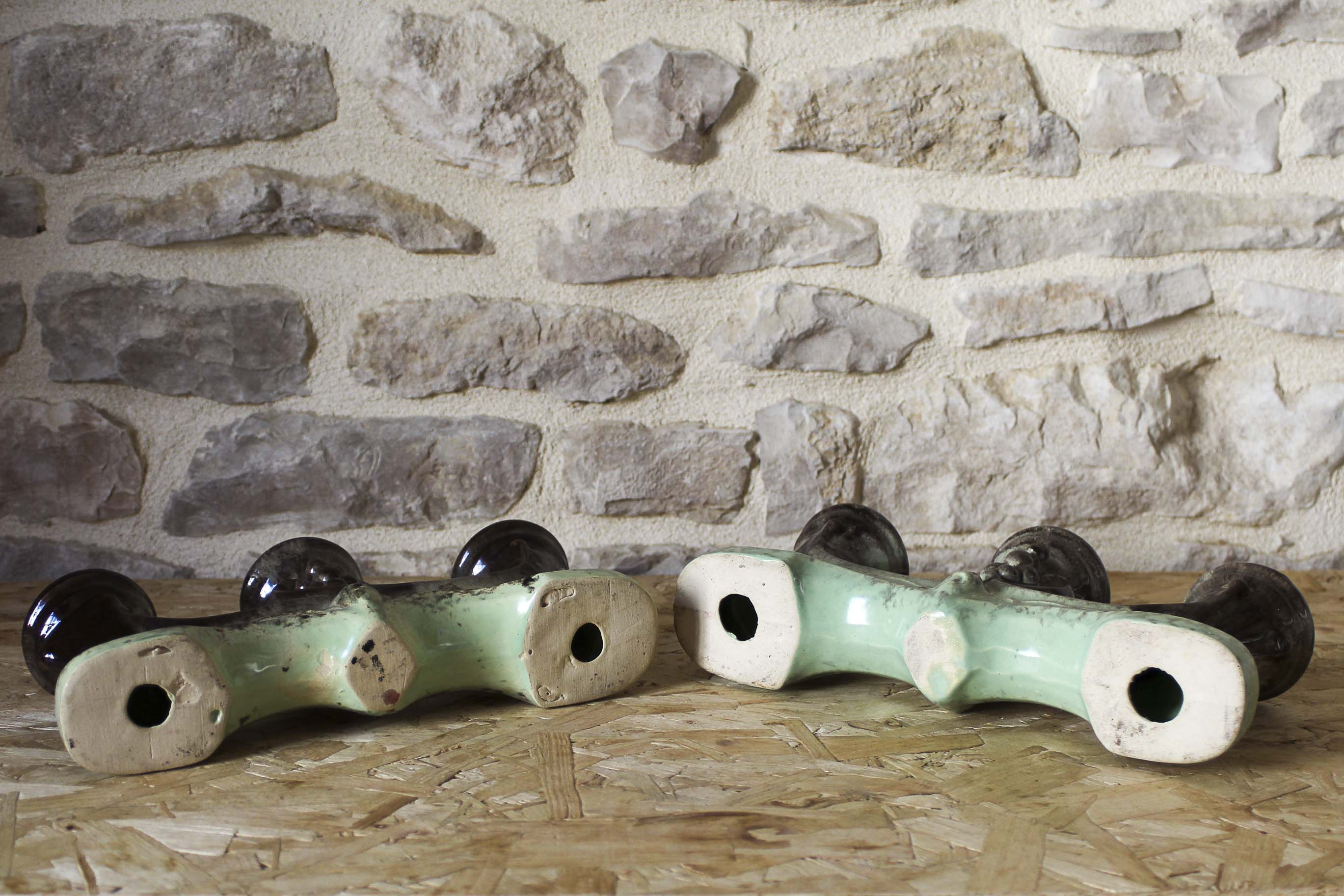 Pair of candlesticks 3 arms in glazed ceramic