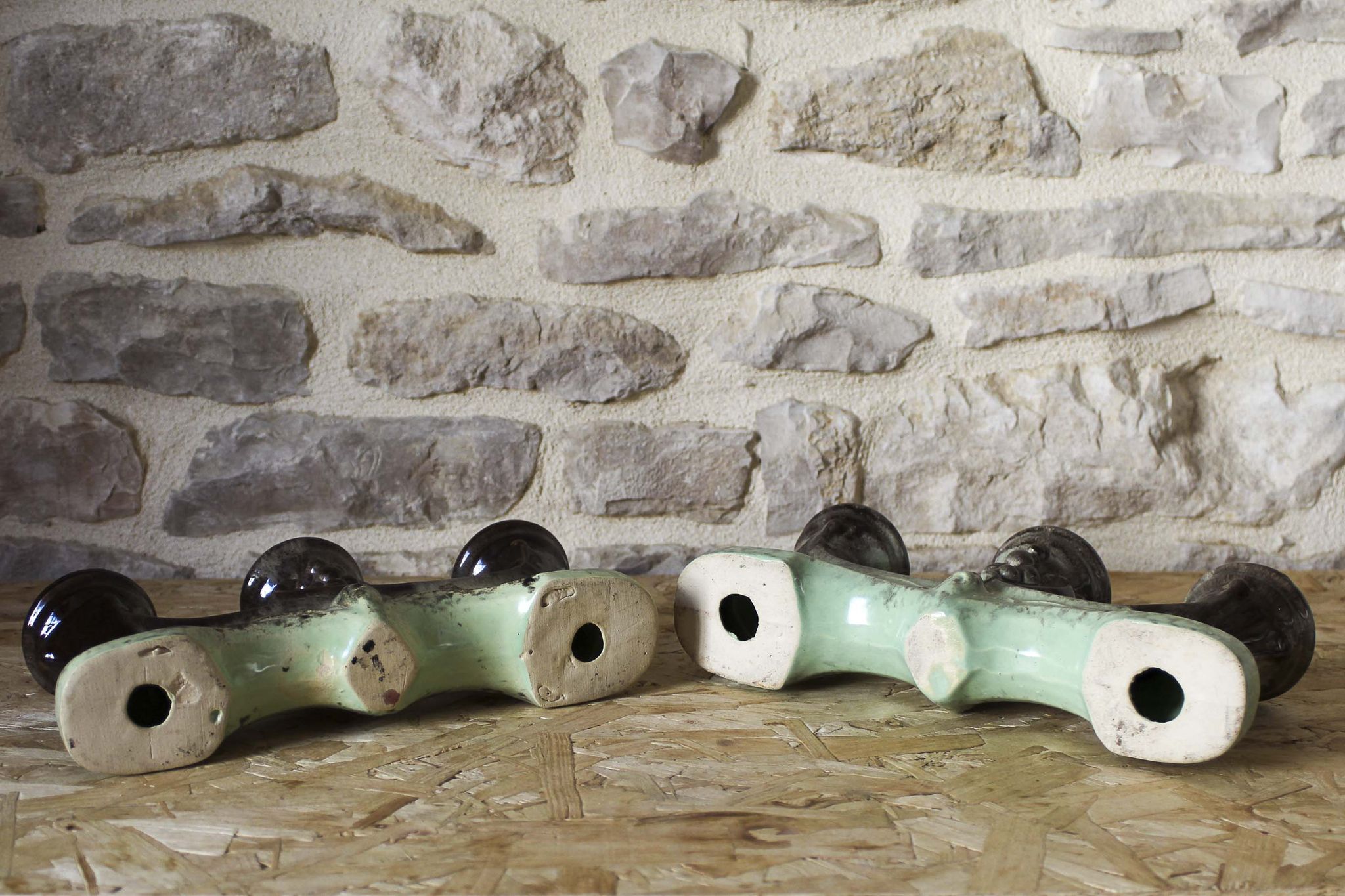 Pair of candlesticks 3 arms in glazed ceramic