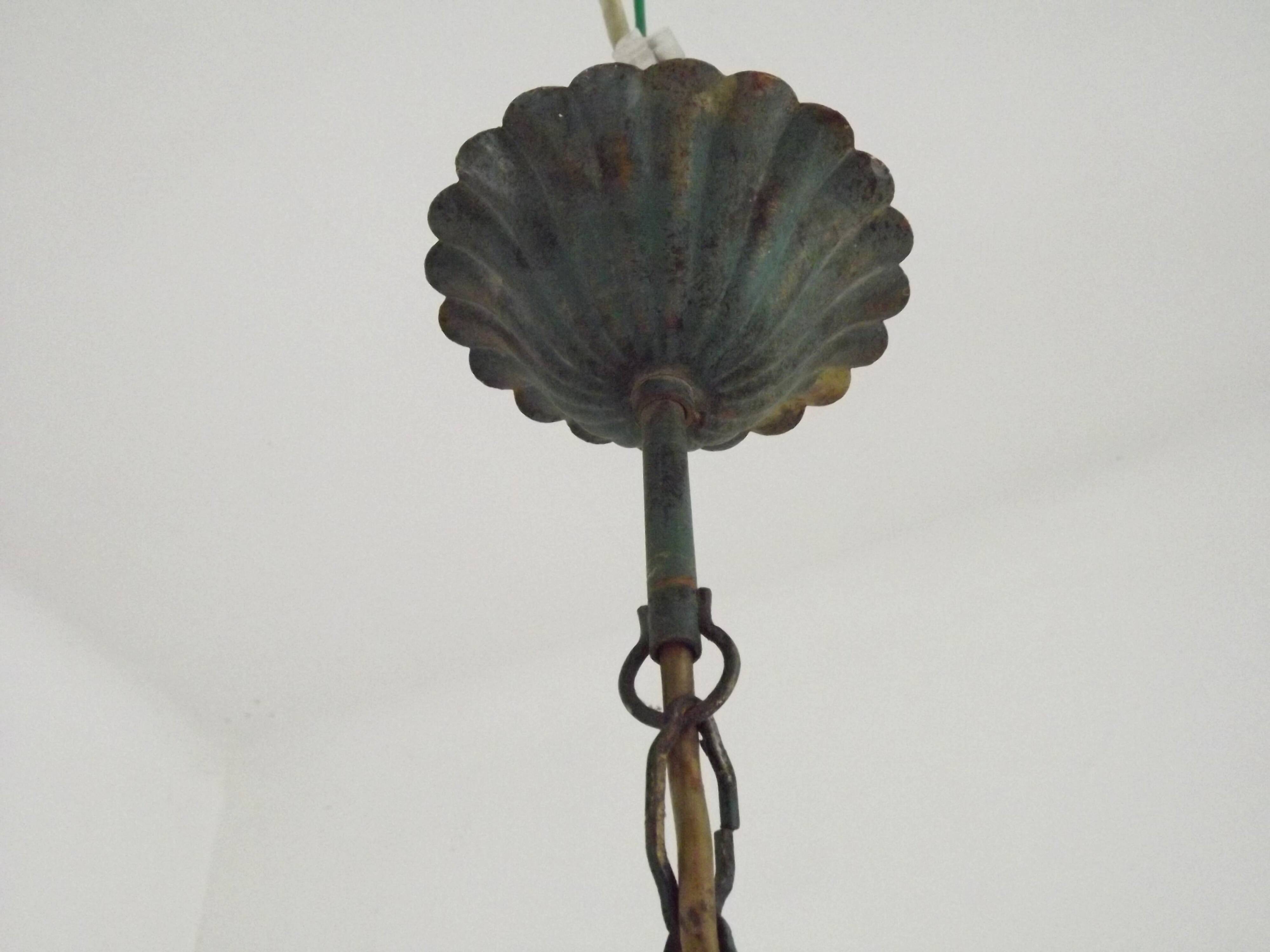 French vintage chandelier 3 lights green leaf amber glass 4966