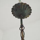 Vintage French Chandelier 3 Lights Green Leaves Amber Glass 4966