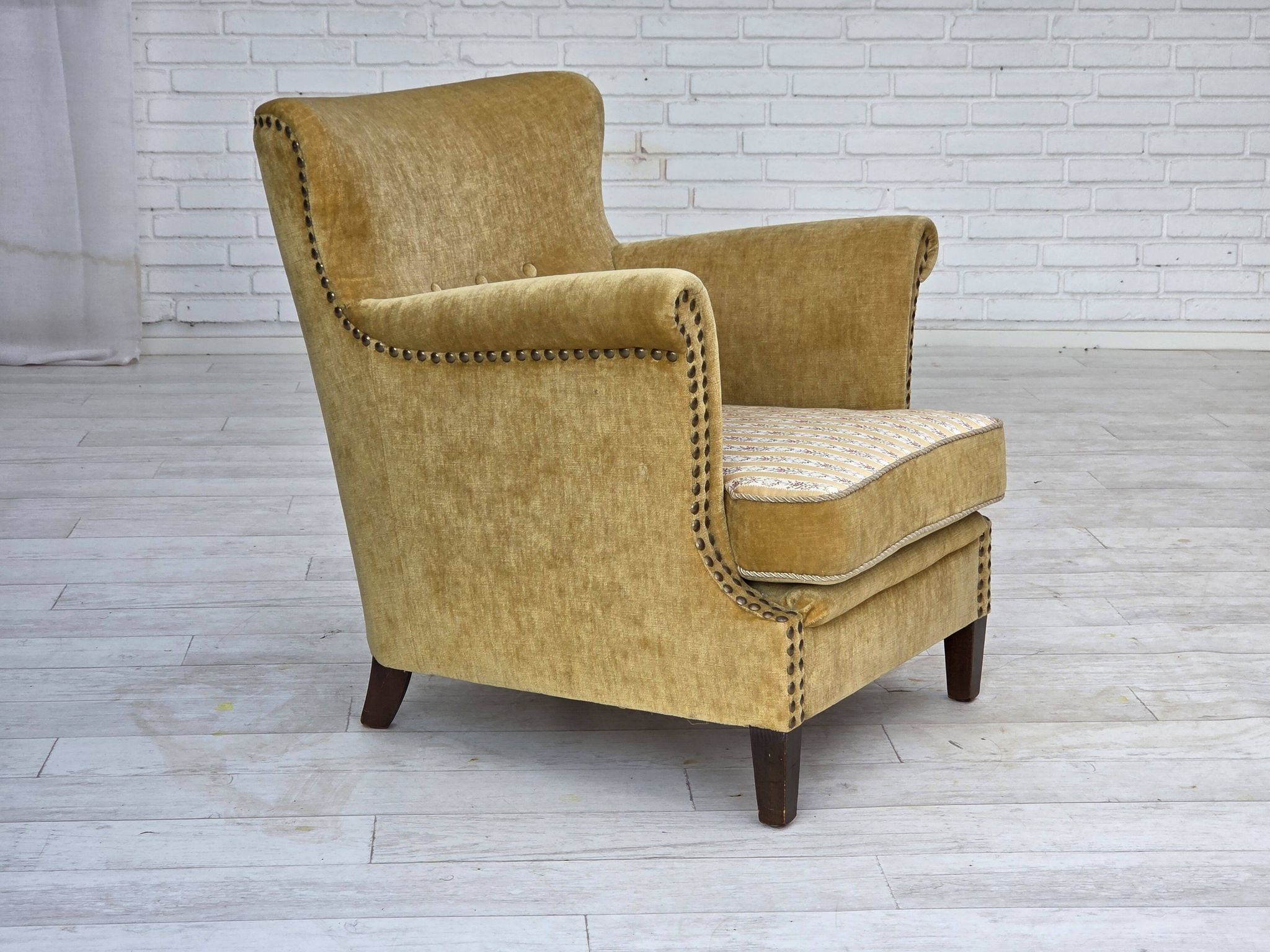 1960s, Danish armchair, honey-yellow furniture velour, original condition.