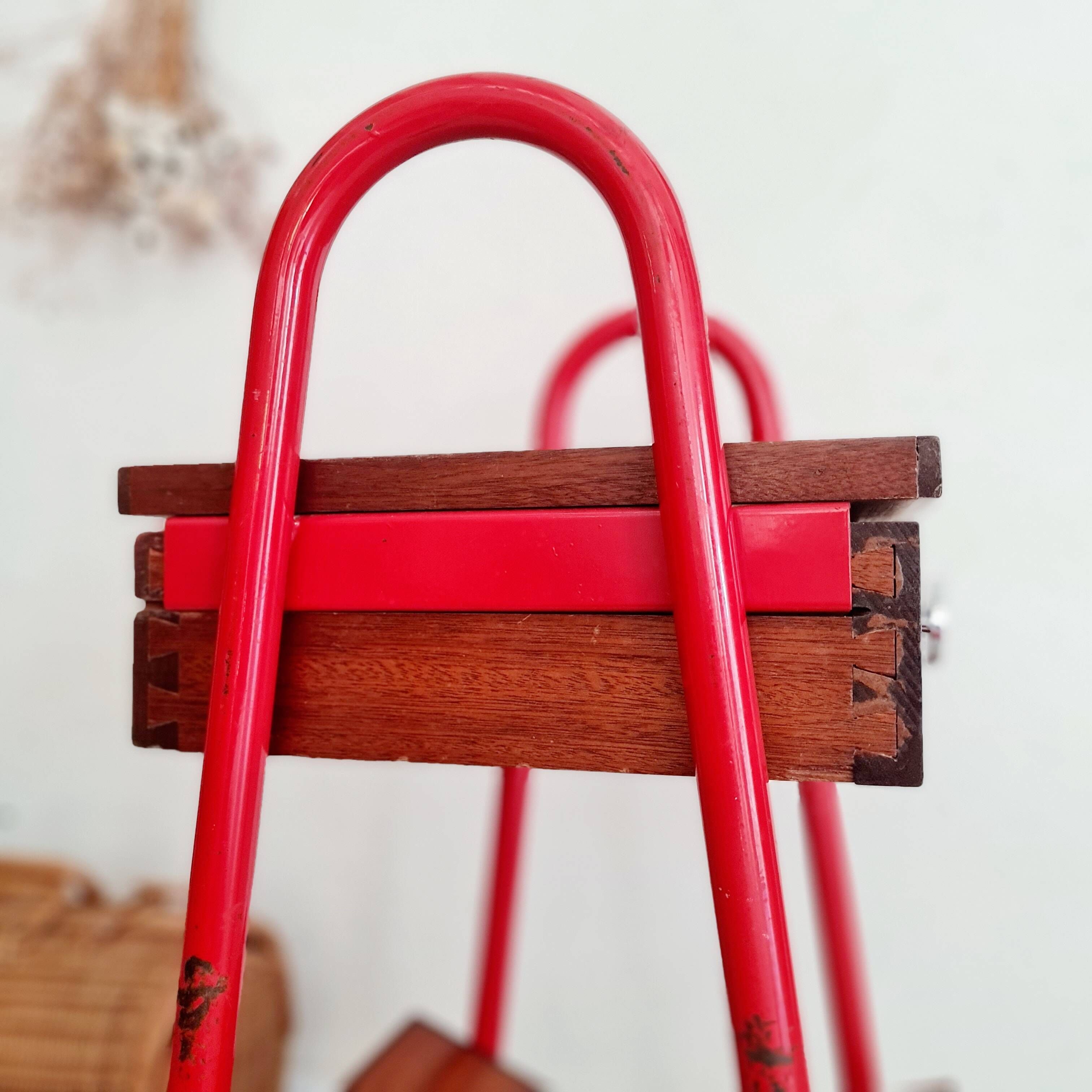 Small piece of furniture - boarding school type bedside table wood red metal