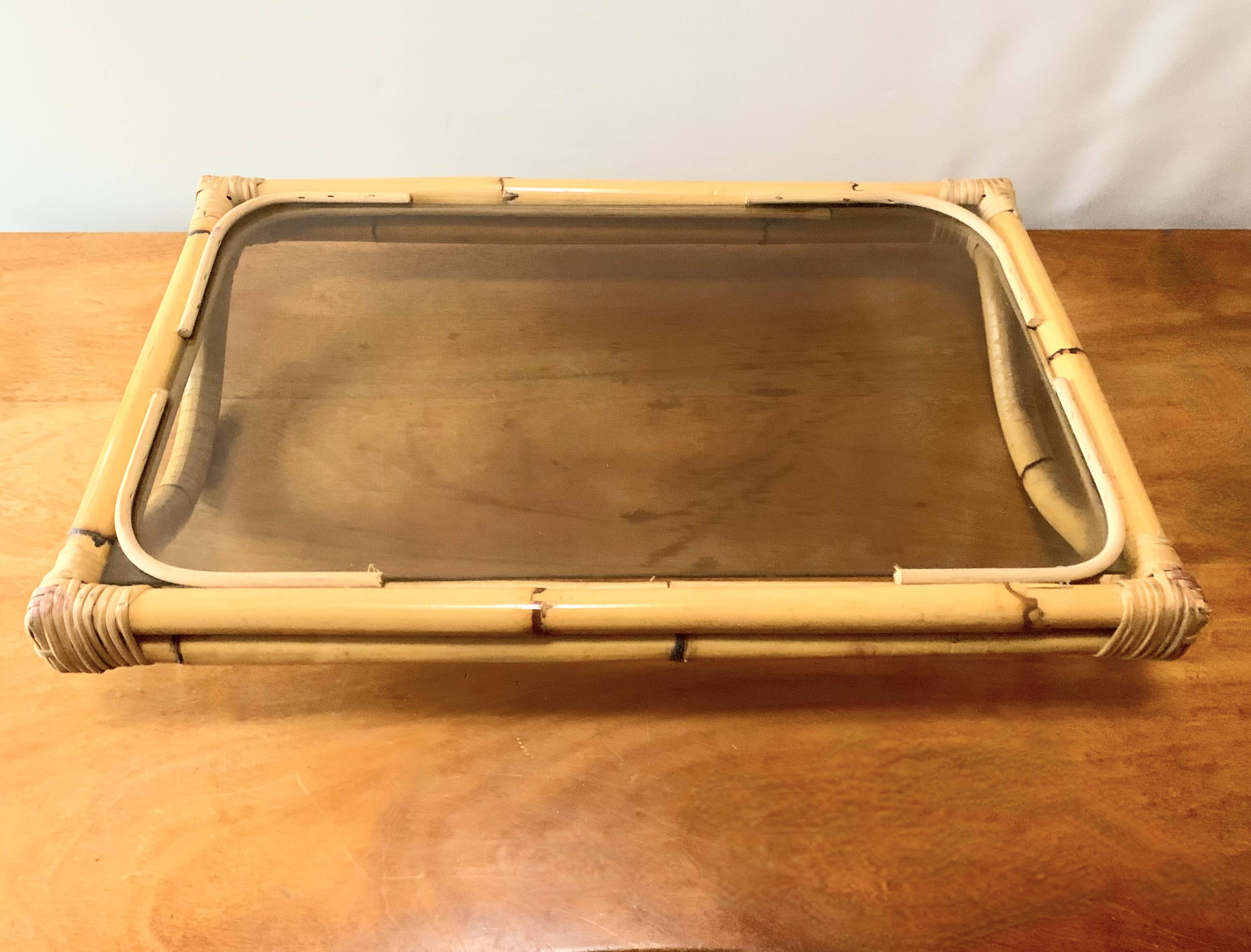 Large vintage tray in bamboo and smoked glass