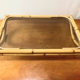 Large vintage tray in bamboo and smoked glass