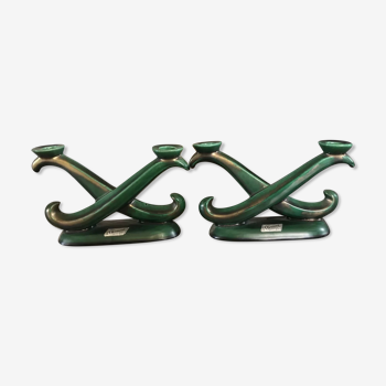Paire de chandeliers 2 bras en céramique d’art de St Clément couleur vert nuancé