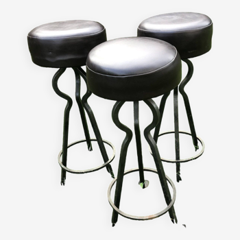 Vintage leather and wrought iron bar stools