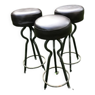 Vintage leather and wrought iron bar stools