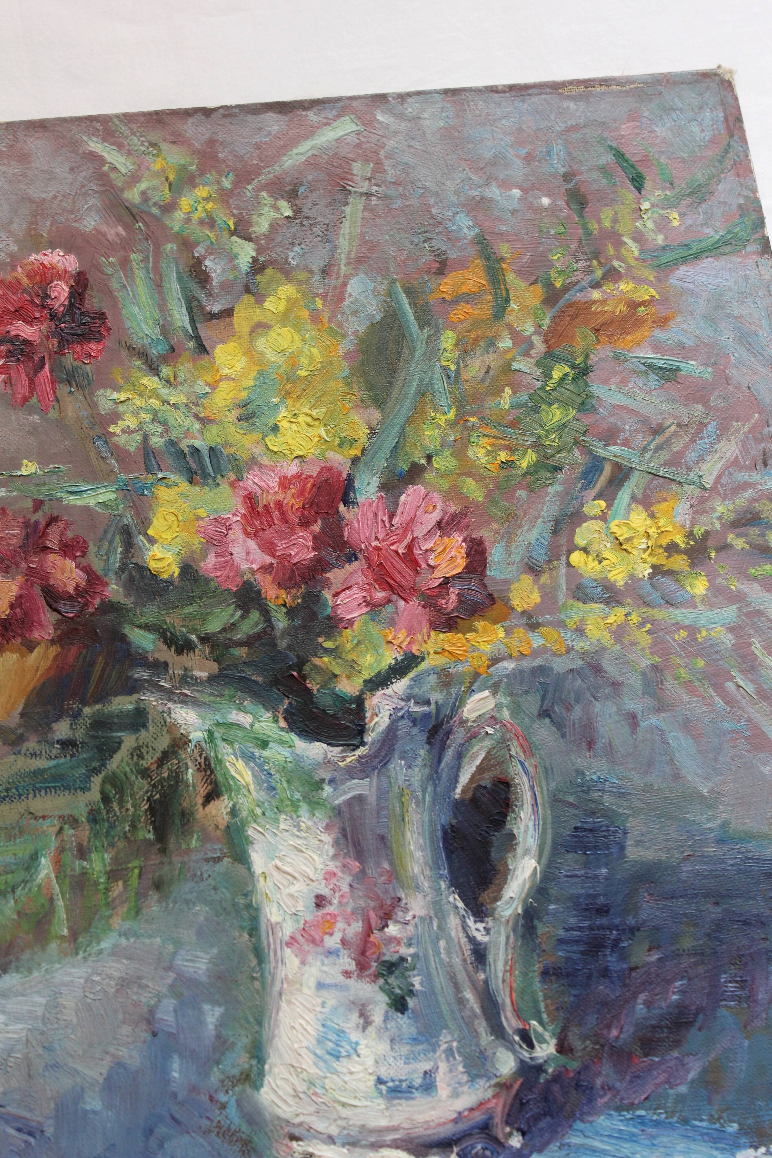 Old painting, oil on cardboard signed E. Astain, "Flowers", 1945