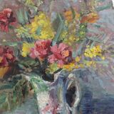 Old painting, oil on cardboard signed E. Astain, "Flowers", 1945