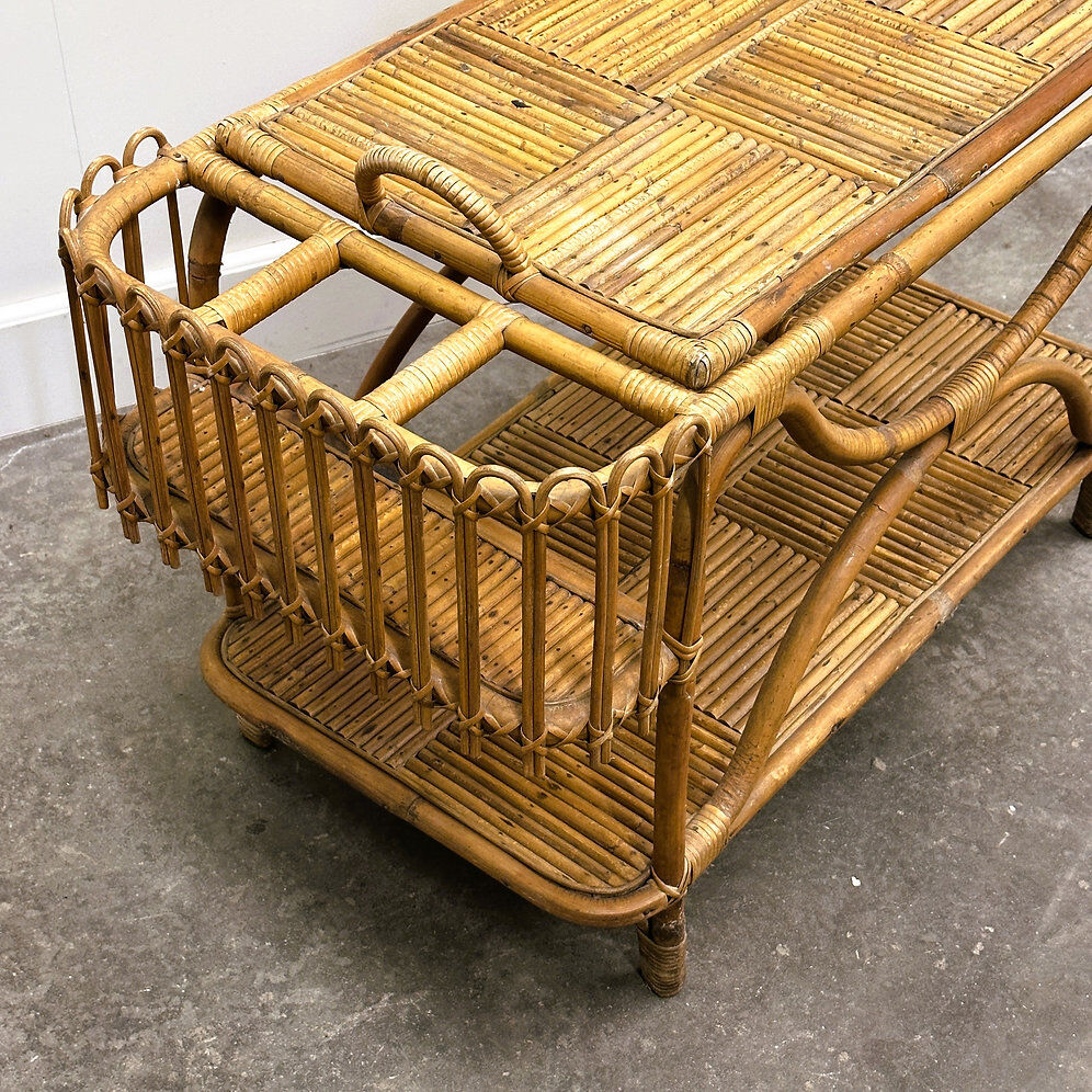 Rare large French Riviera rattan bar cart with bottle holder, 1960s