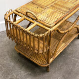 Rare large French Riviera rattan bar cart with bottle holder, 1960s