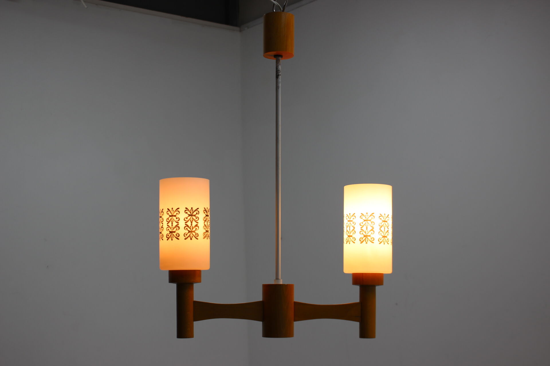 1980s wood and glass pendant light, Czechoslovakia
