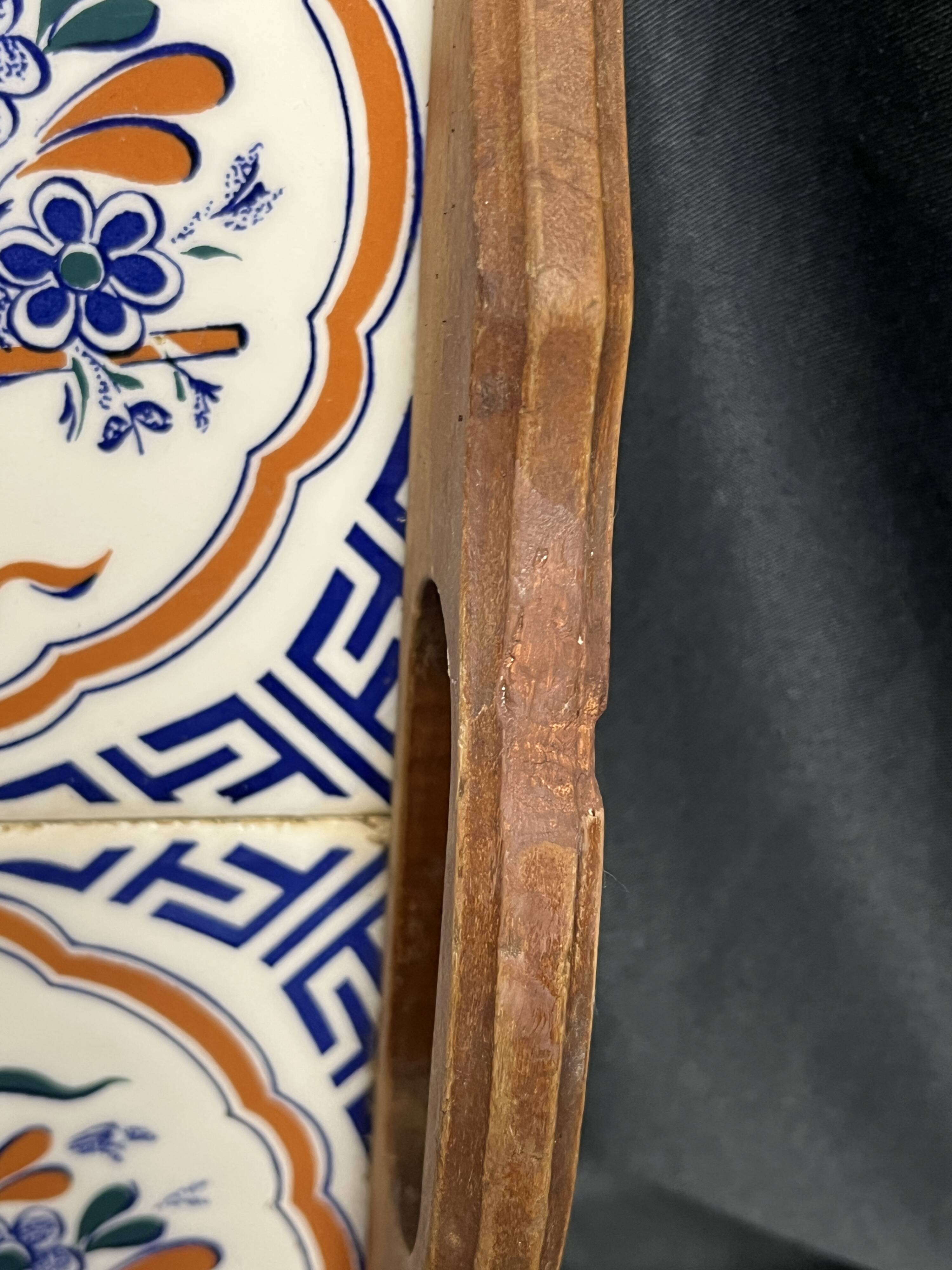 Art Deco, wooden tray and Gien earthenware tiles with basket decor circa 1940