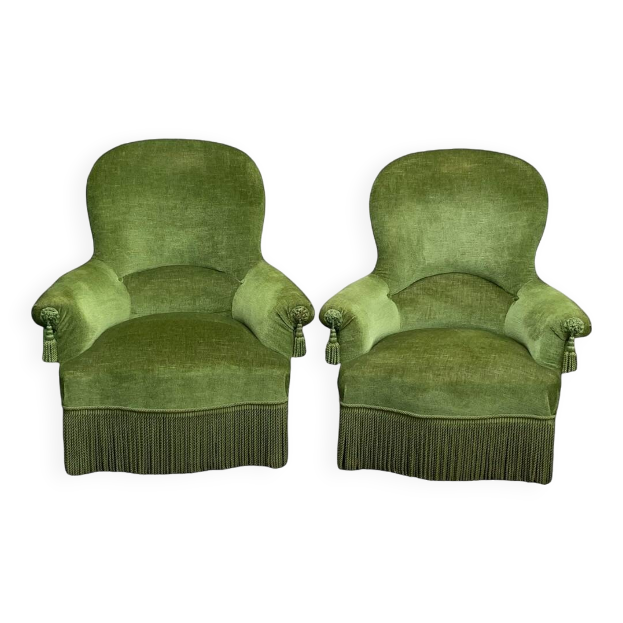 Pair of olive green velvet toad armchairs