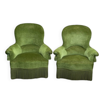 Pair of olive green velvet toad armchairs