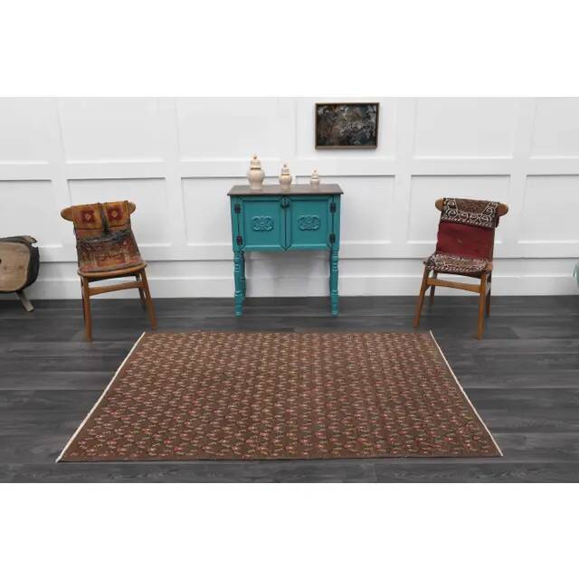 1970s Vintage Turkish Hand-Knotted Wool Cotton Brown Rug 130x194