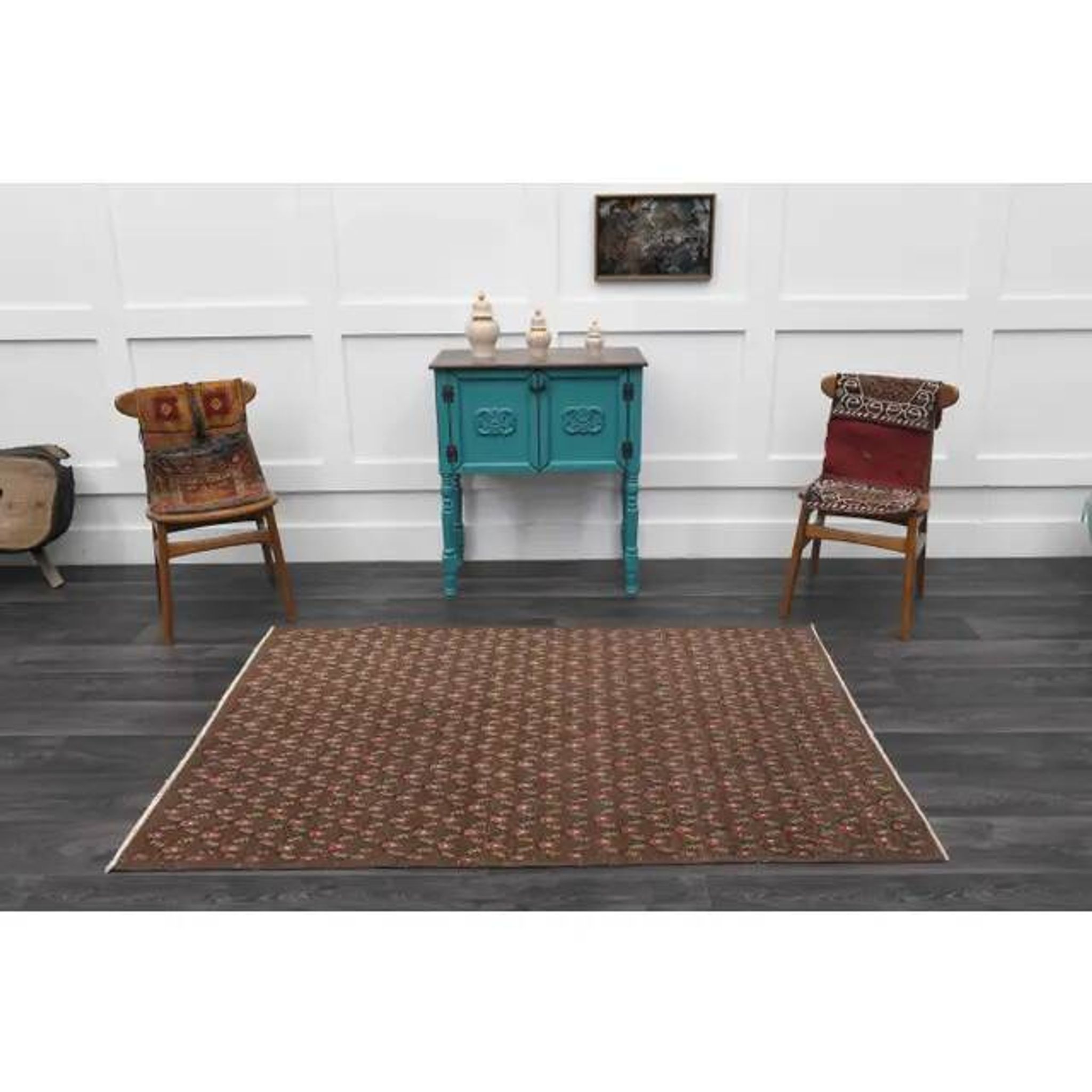 1970s Vintage Turkish Hand-Knotted Wool Cotton Brown Rug 130x194