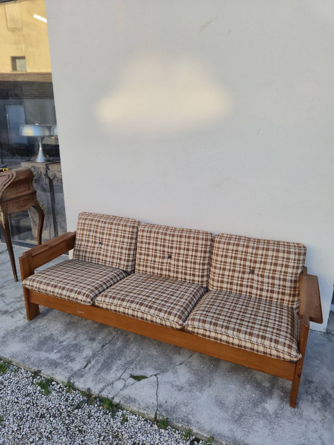 Vintage 3-seater pine sofa, Brutalist style, 1980s