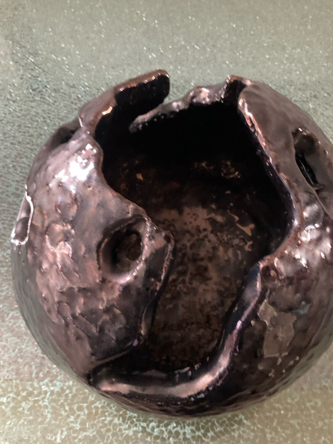 Large brutalist spherical vase in iridescent glazed terracotta