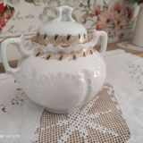 White porcelain sugar bowl decoration in relief and green and gold frieze