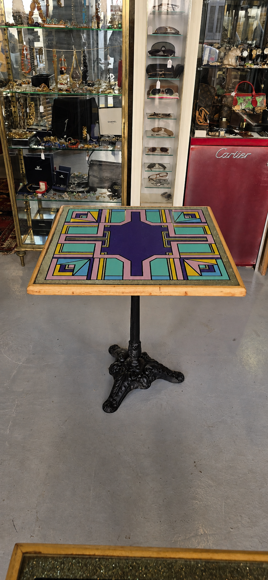 Bistro table with a hand-painted top by Bing, Cannes, 1990s.