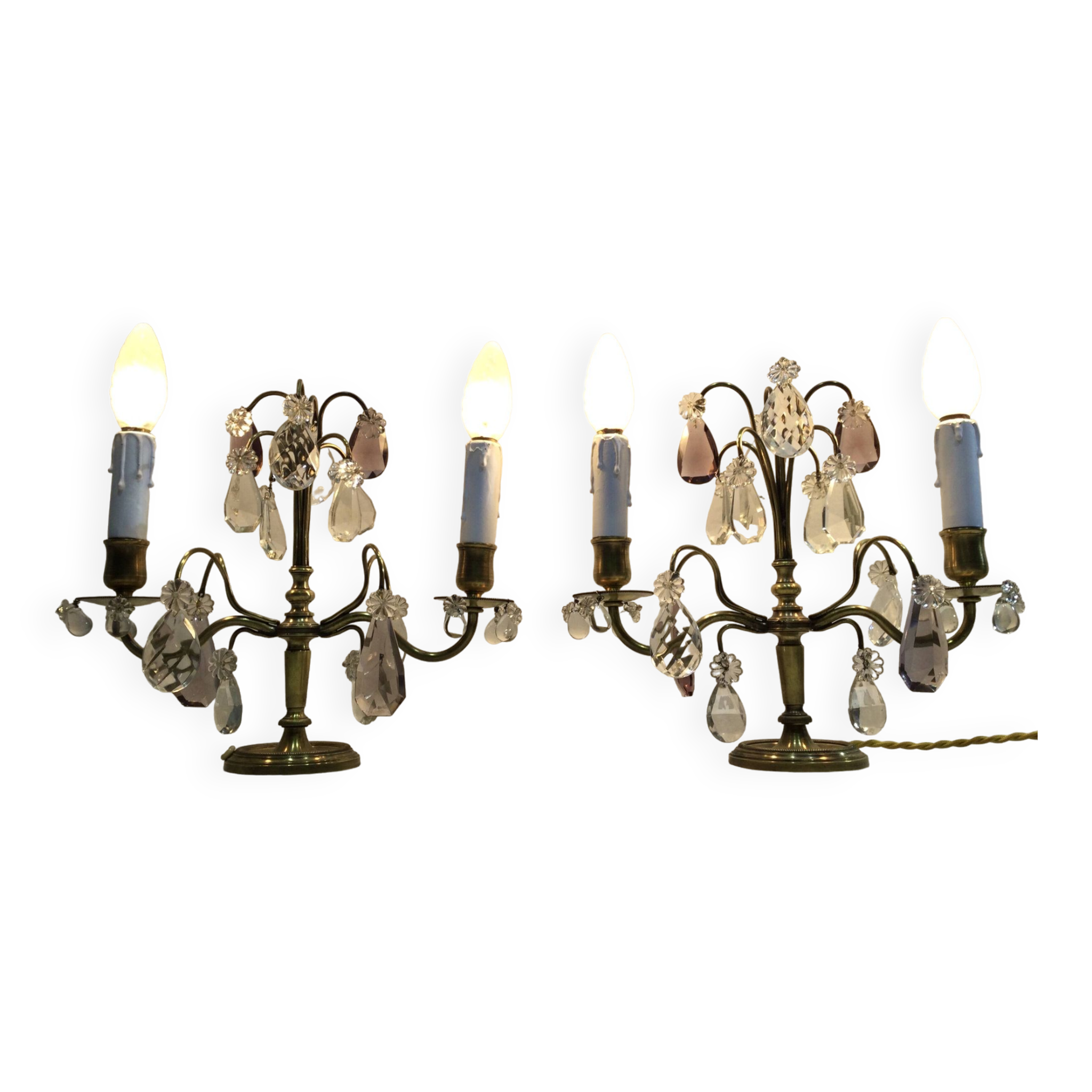 Pair of girandole lamps in bronze and crystal