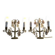Pair of girandole lamps in bronze and crystal