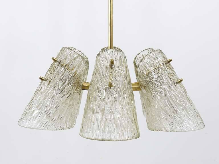 J.T. Kalmar Lustre in Brass, with Textured Glass Shade in Cone Shape, Austria, 1950