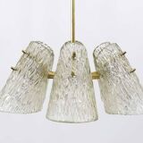 J.T. Kalmar Lustre in Brass, with Textured Glass Shade in Cone Shape, Austria, 1950