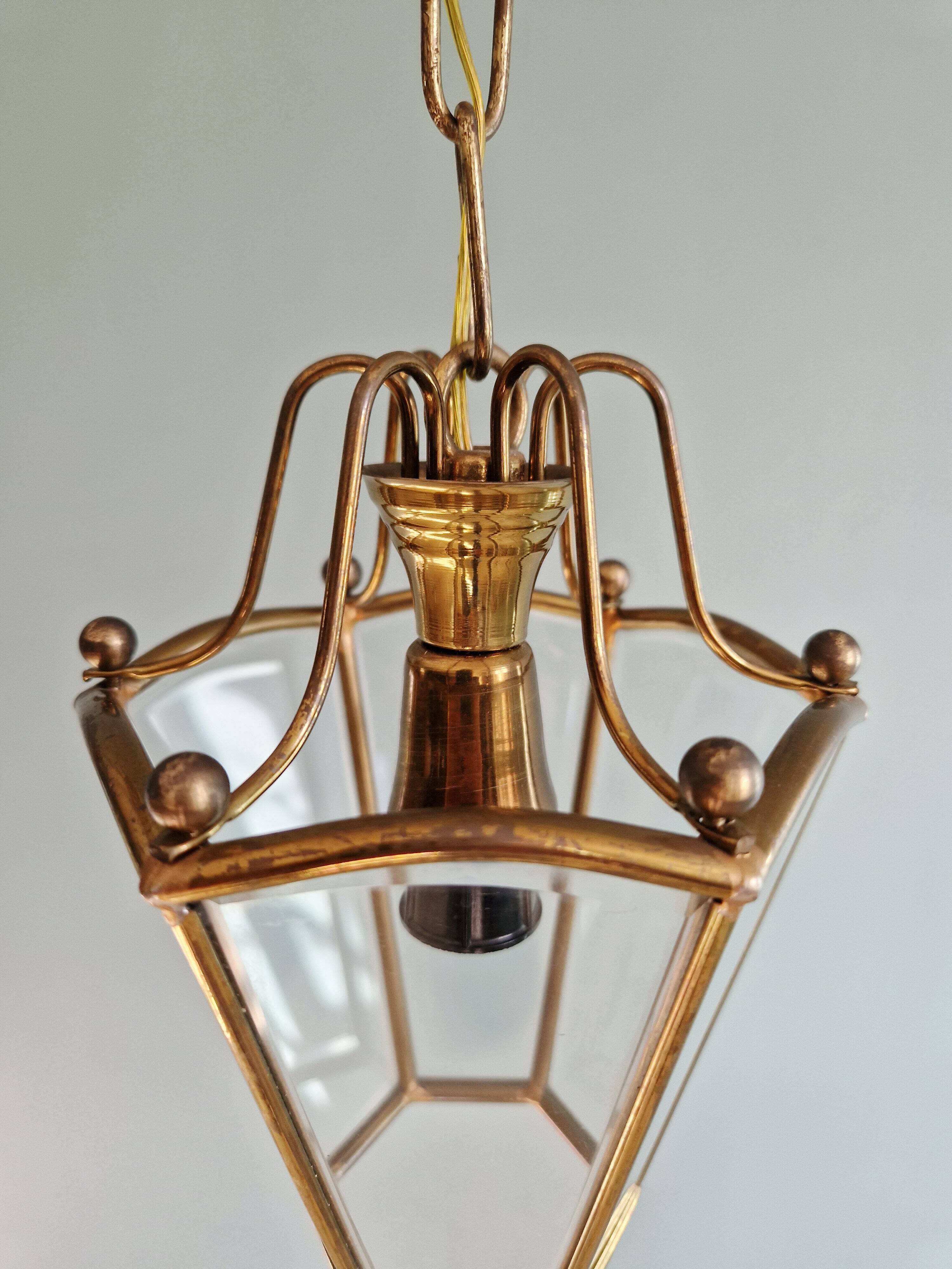 Pair of brass and bevelled glass pendant lights/lanterns, 1950-60.
