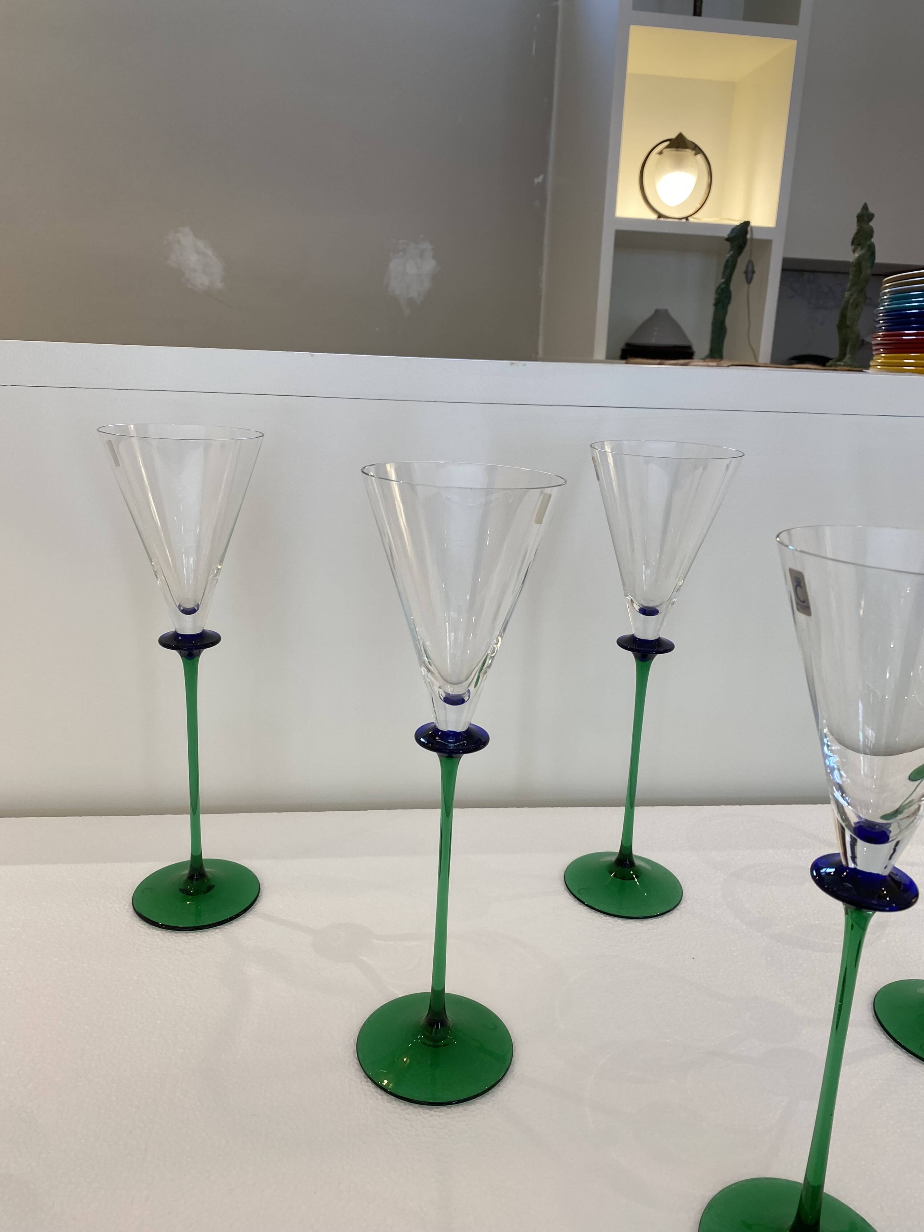 A Set of 6 Hand-blown Emerald Green Cobalt Blue Stem Champagne Flutes Art