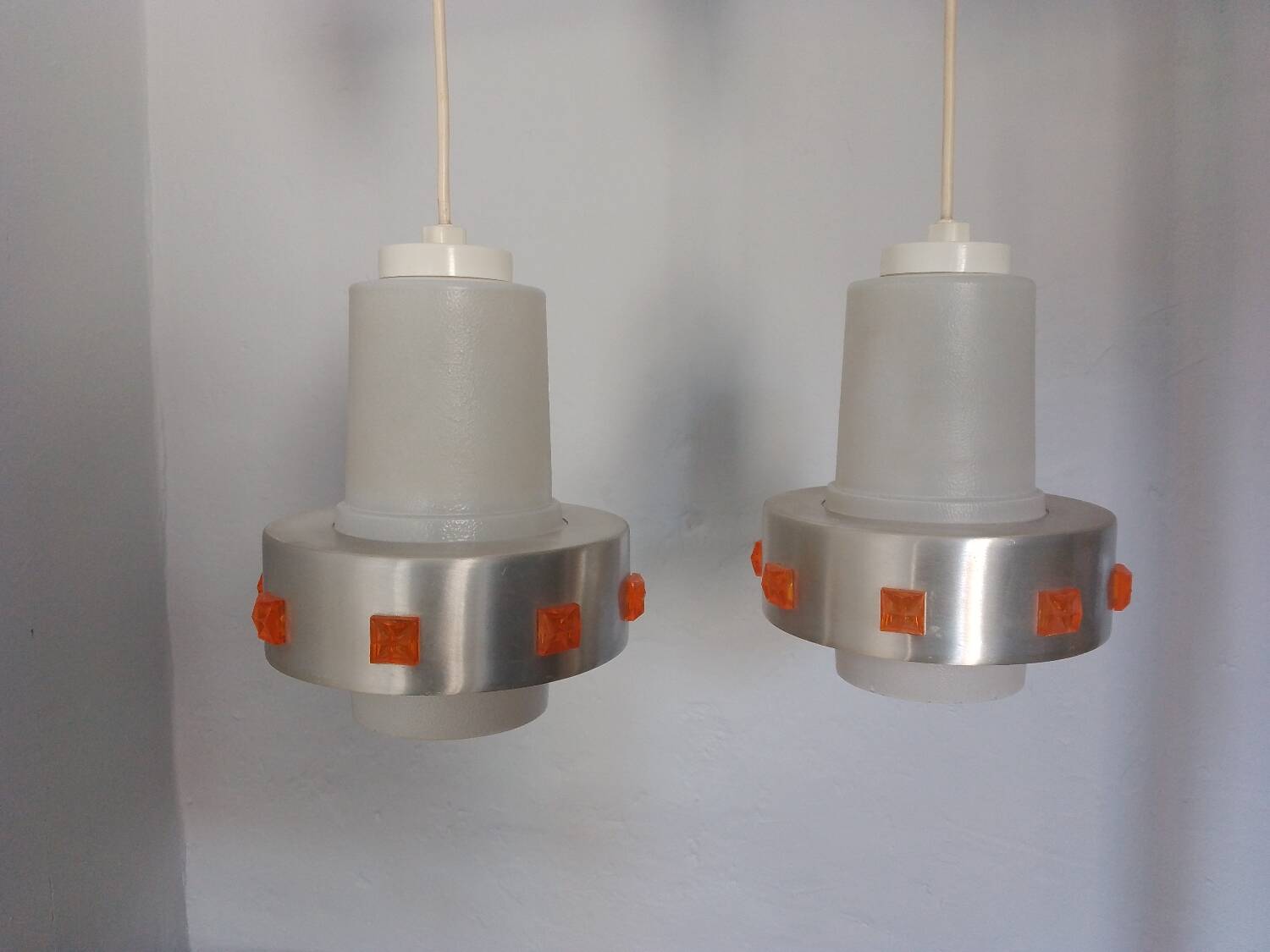 Pair of 1970s Space Age glass and aluminum lamps