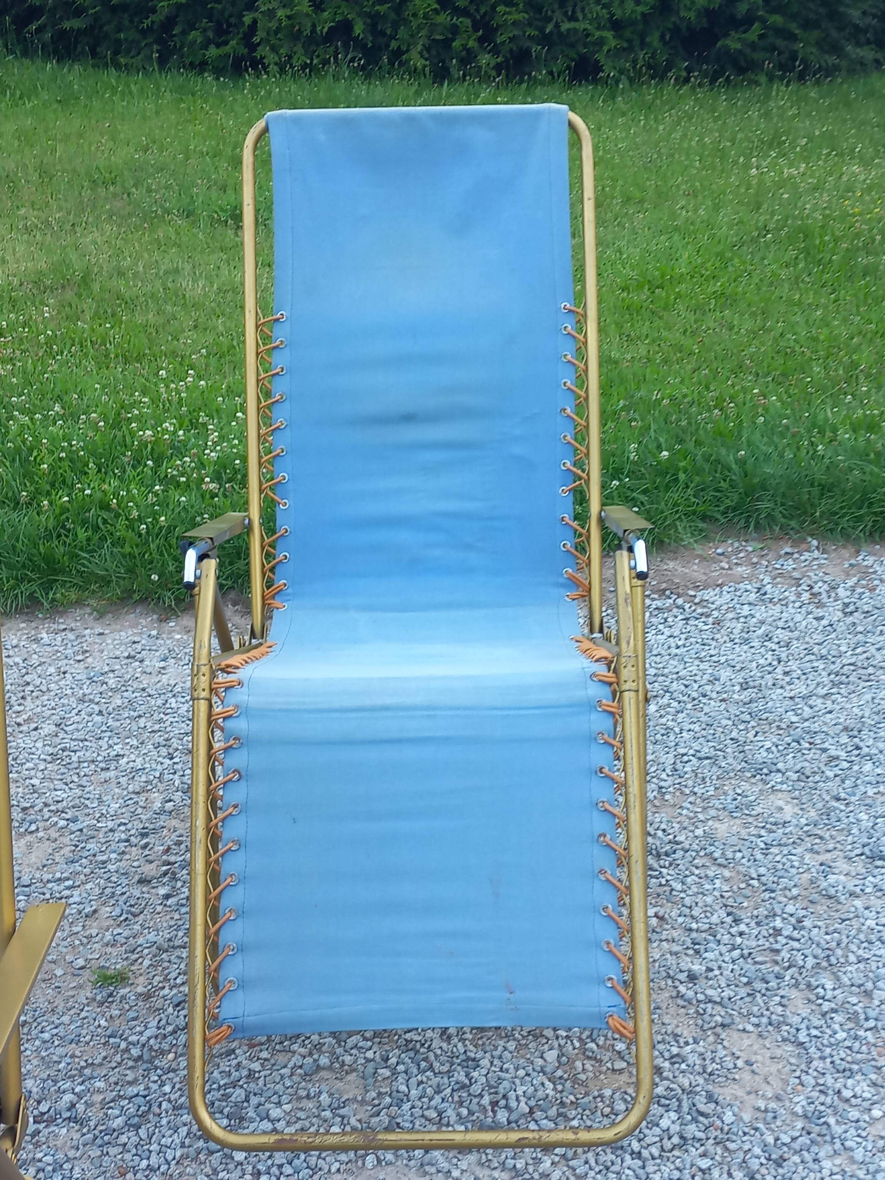 Set of 3 vintage lafuma sun loungers canvas and tubes + table