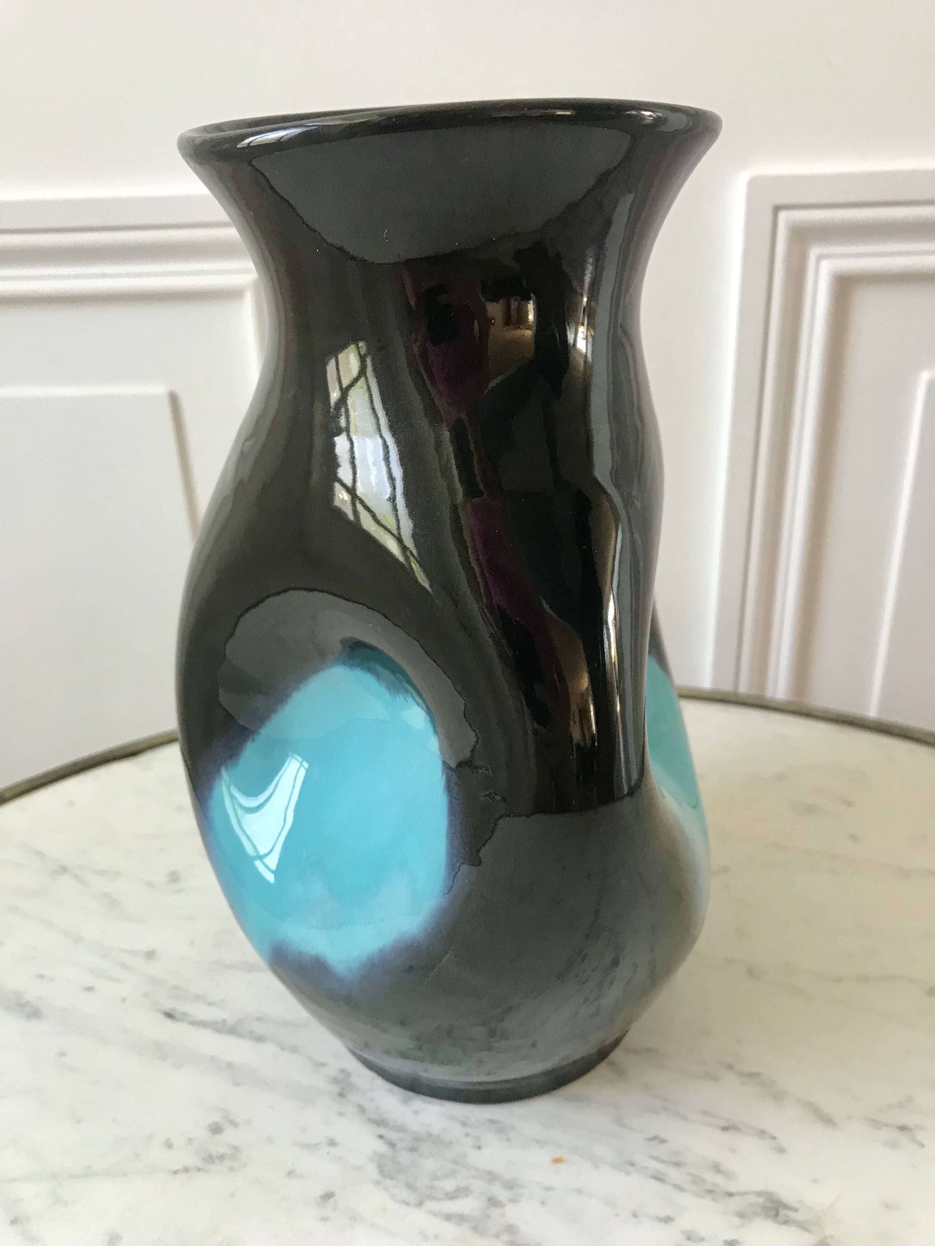 free-form design vase in black and blue ceramic from the 70s