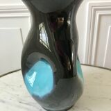 free-form design vase in black and blue ceramic from the 70s