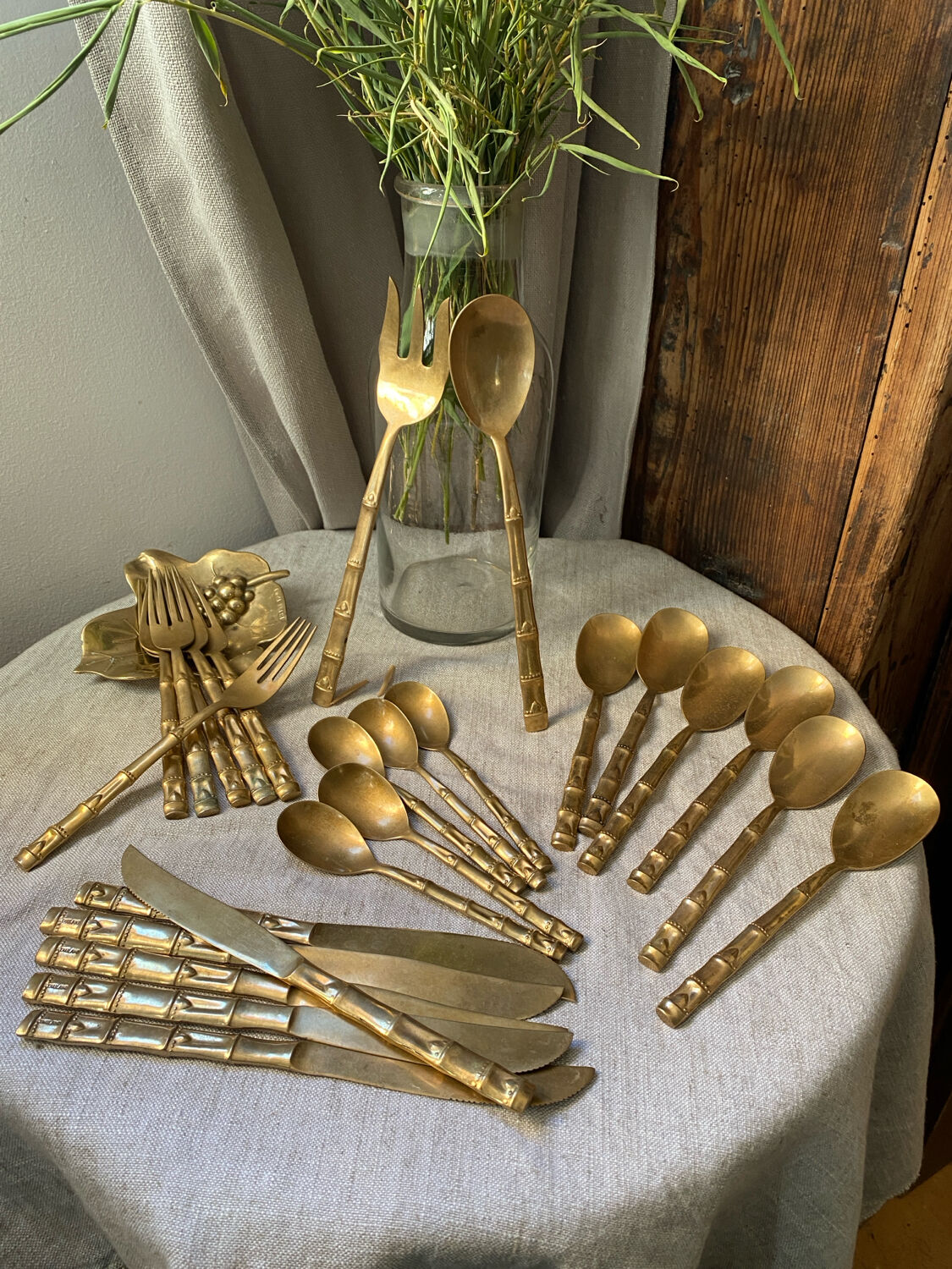 Nickel-plated bronze cutlery set, bamboo style