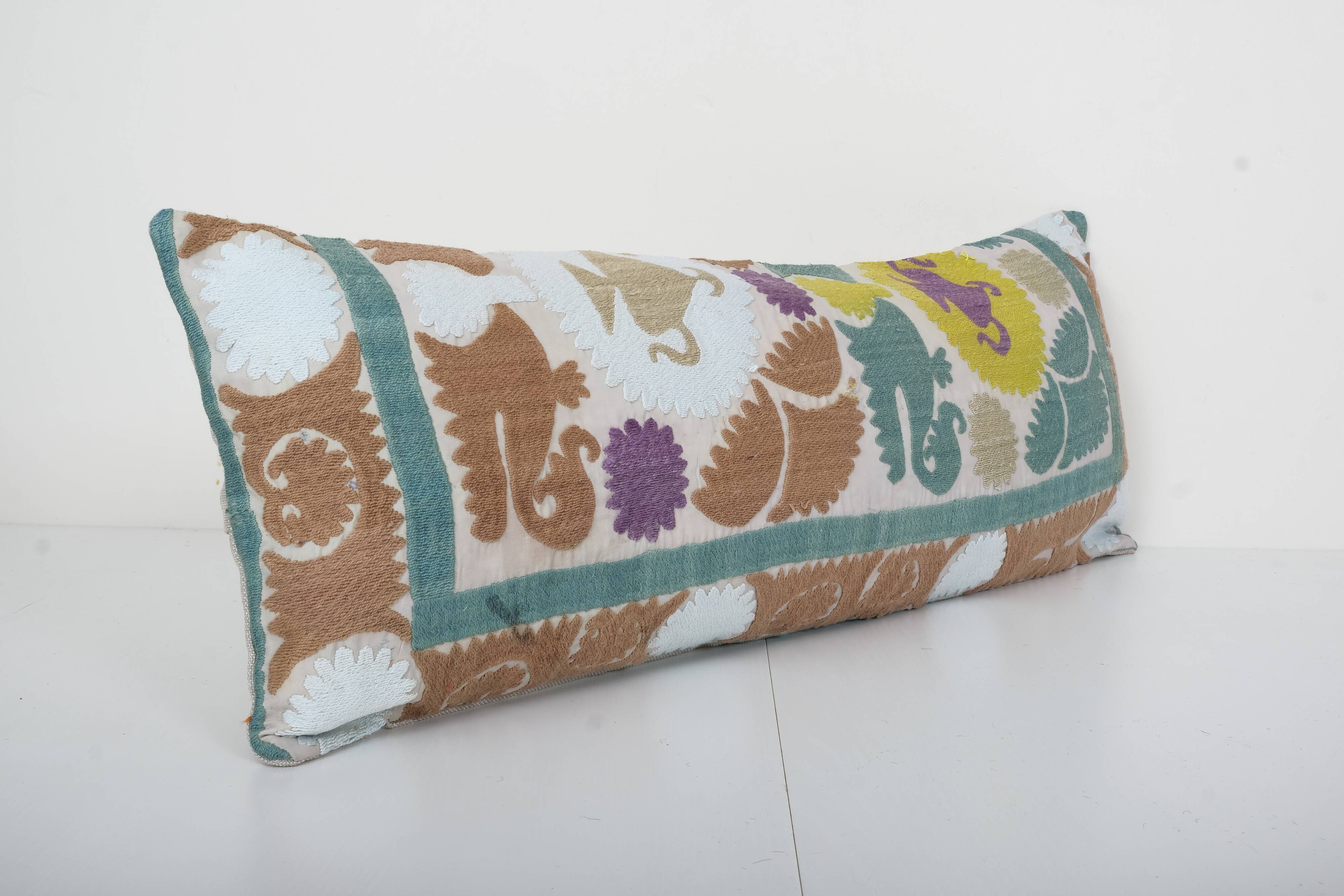 10" x 30" Lumbar King Bed Vintage Cotton Suzani Pillow Cover, Exquisite White Washed Colorful