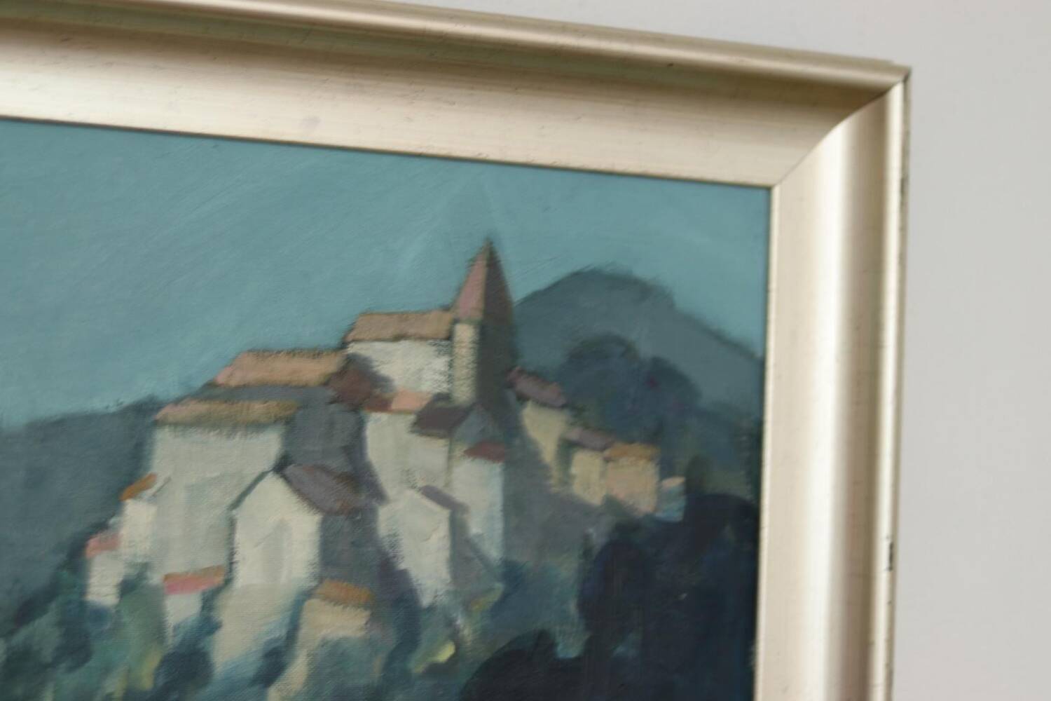 Mid Century Swedish Oil on Canvas “Village Motif” by Bengt Hillgrund