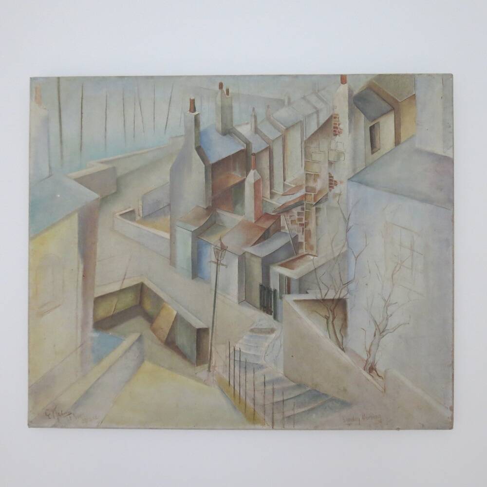1950s Cubist Painting St Ives E Kahnii Oil on Canvas Sunday Morning