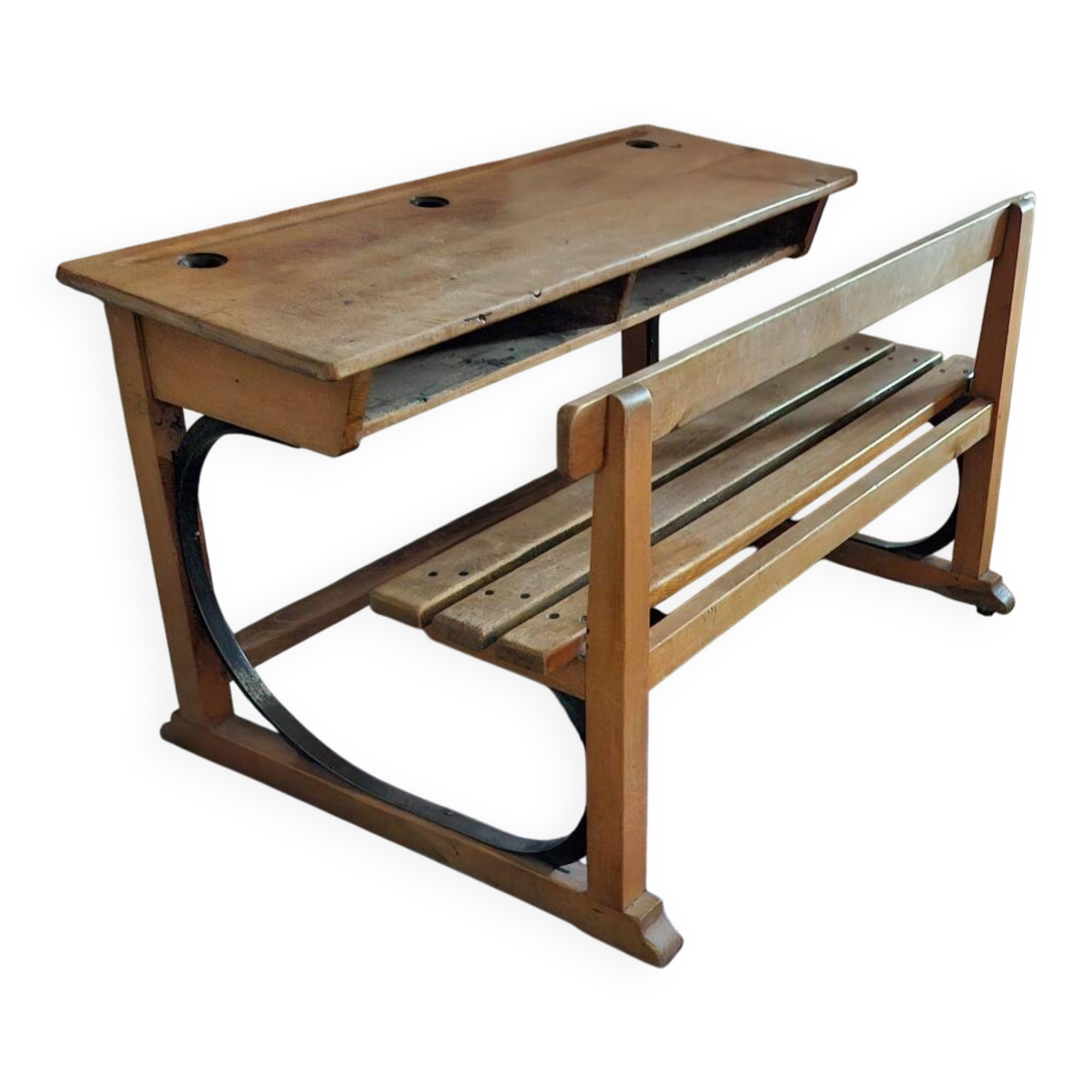 Double school desk in wood and metal 1920 – very good condition
